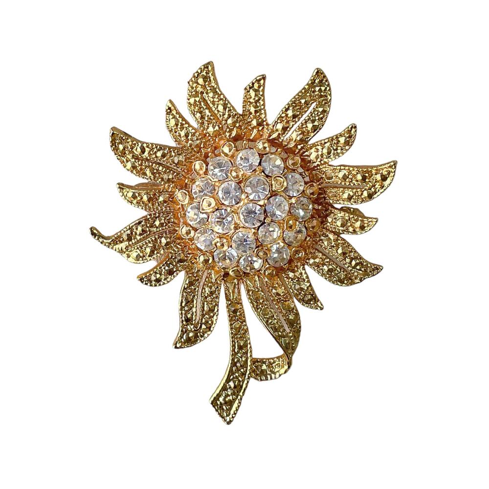 1980s Textured Gold Plate White Rhinestone Blooming Sunflower Floral Brooch Pin